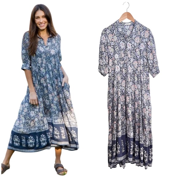Natural Life Rebecca Navy Grey Floral Midi Short Sleeve Dress Medium - Picture 1 of 3